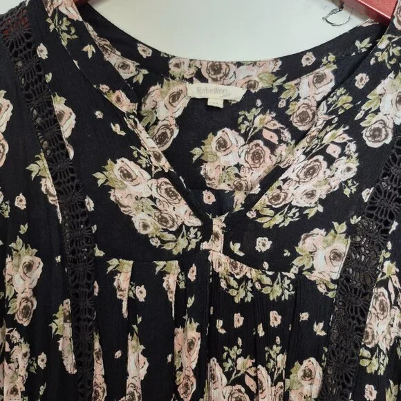 Black Floral Boho Tunic Dress W/ Crochet Details By Rebellion Size M - Picture 7 of 7